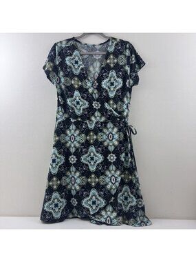 Just Be... Short Sleeve Black Green Floral Dress Size L Pull Over Wrap Look Tie